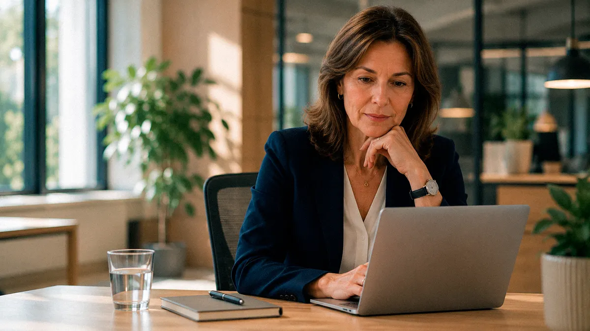 An IT decision-maker reviewing privilege policies on a laptop in a modern office